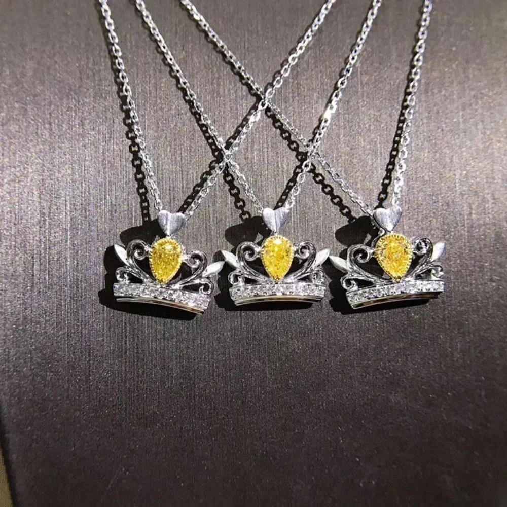 "Lovely Crown Shape Yellow Crystal Pur Pear Zircon Silver Necklace, UNVN12409 - Picture 2 of 3